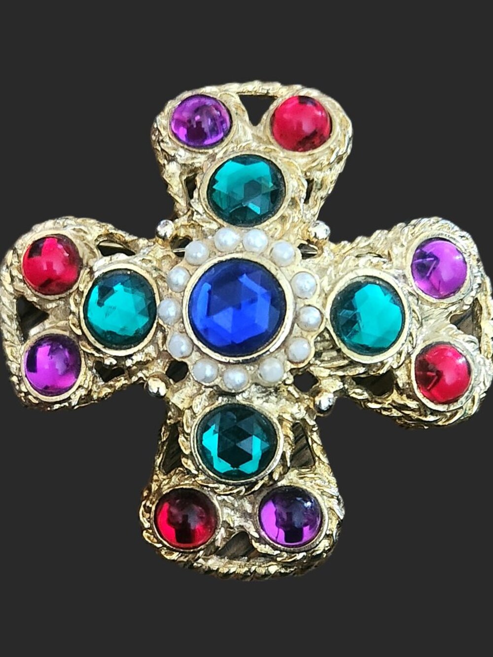 vintage JEWELED CROSS PIN Brooch w Seed Pearls set in Gold Tone